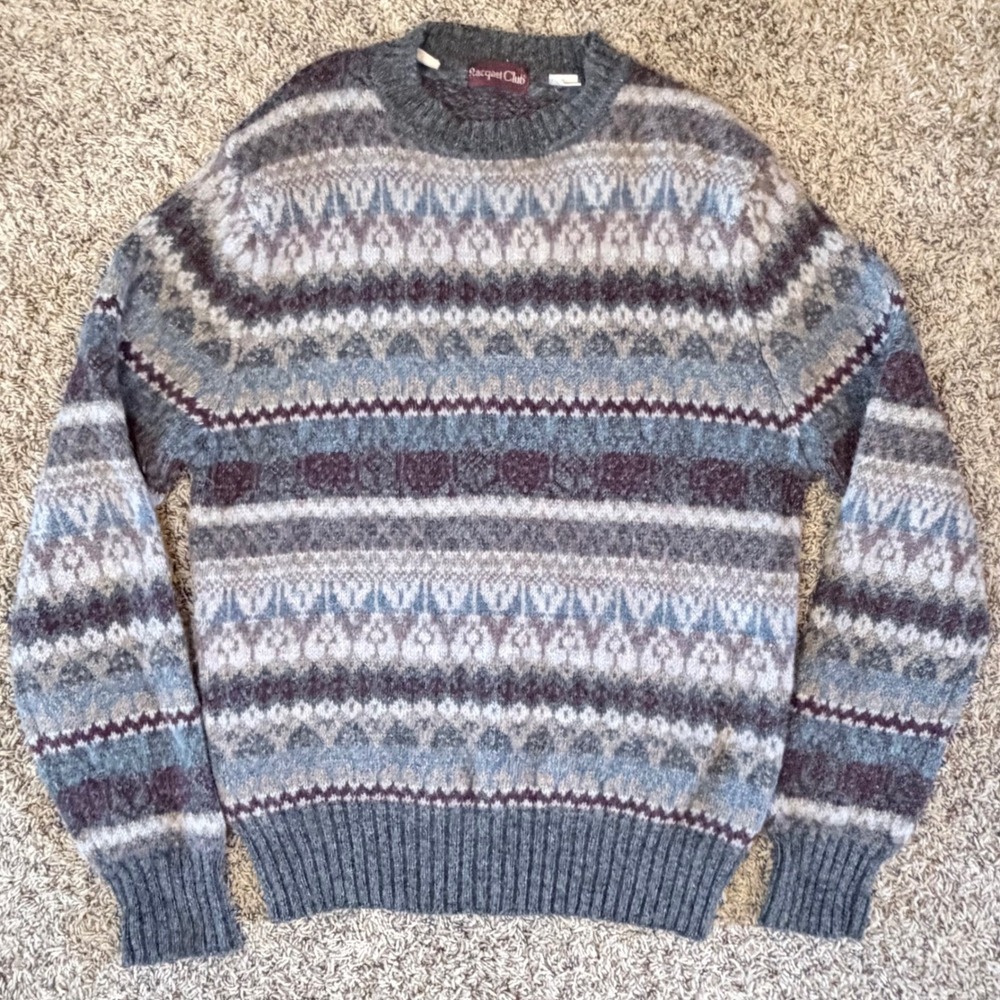 Racquet Club Mens Vintage 100% Shetland Wool Fair Isle Crewneck Sweater Grey L